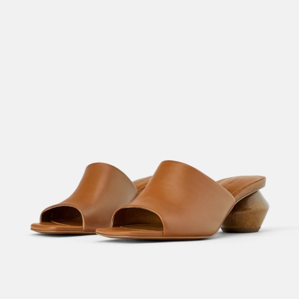 Zara leather mules w/ geometric wood look heels - Picture 2 of 5